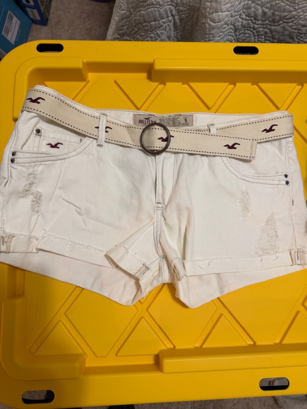 Hollister White Distressed Denim Shorts with Embroidered Belt